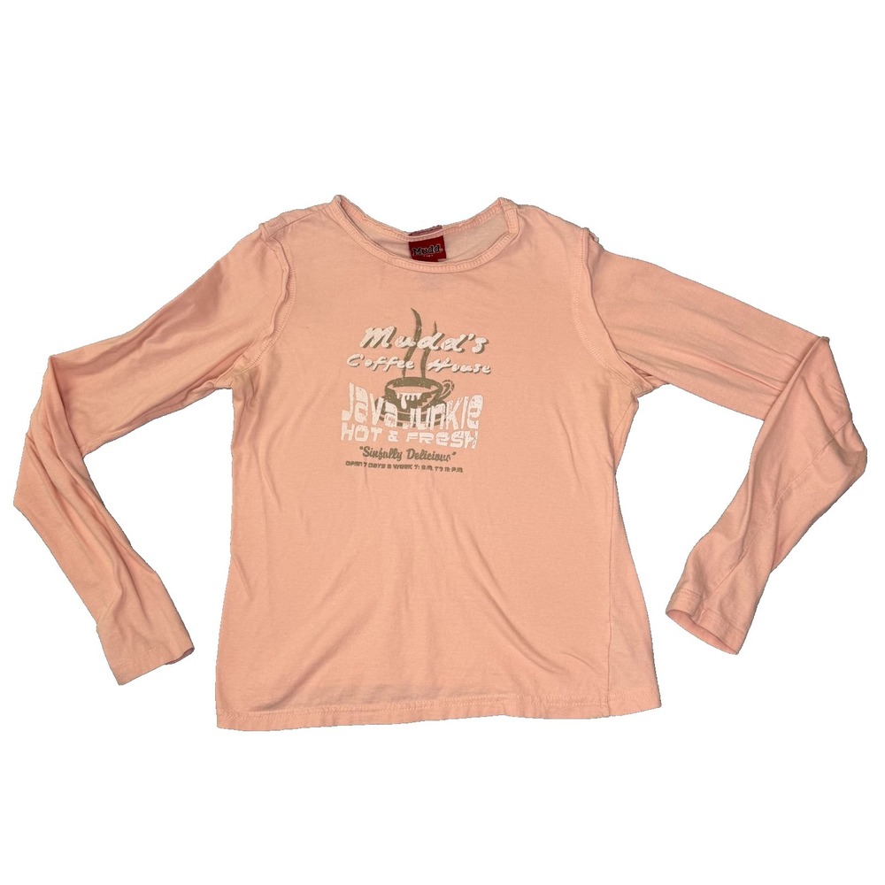 Mudd Girls Peach Pink Java Junkie Coffee House Long Sleeve Graphic Tee Size L